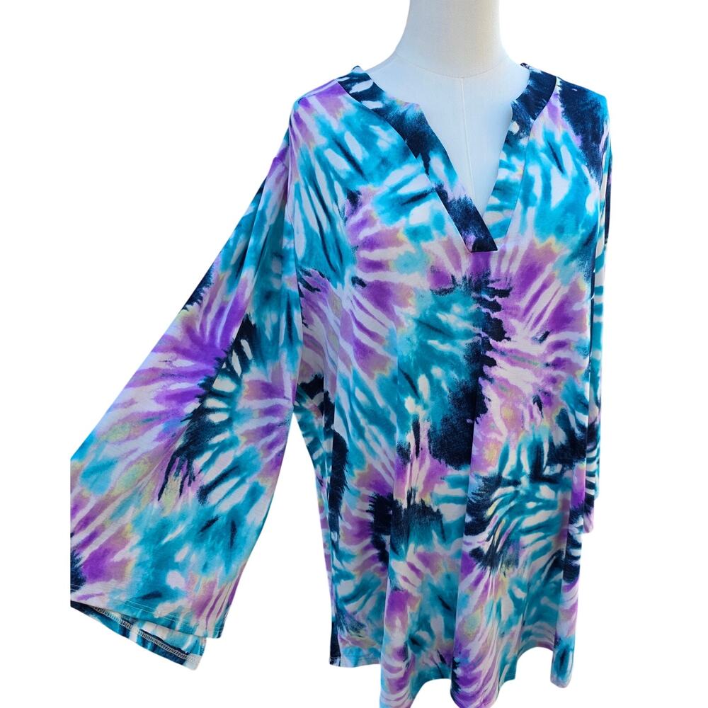 Women’s Plus 3X Tie Dye Tunic Top Teal Purple Bell Sleeve Split V Neck NWOT
